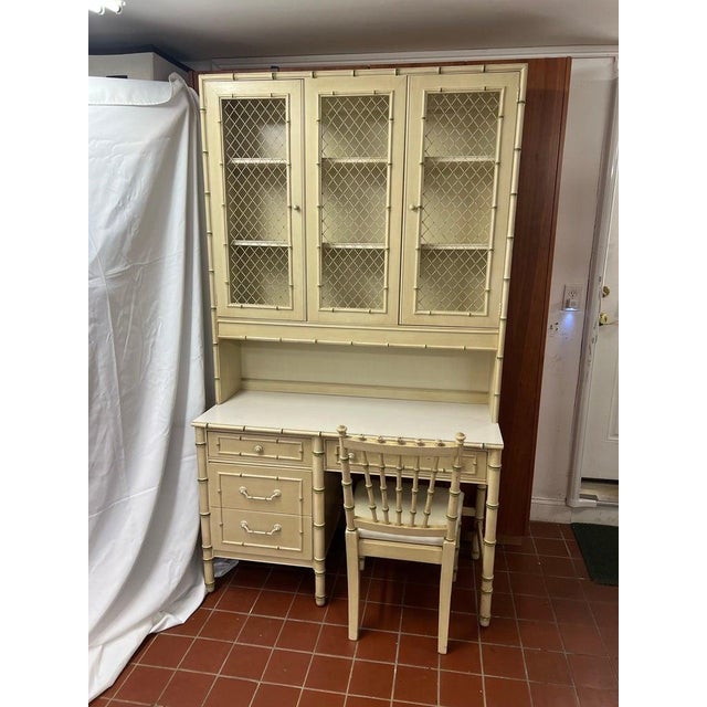 Thomasville Thomasville Allegro Faux Bamboo Desk With Bookcase Hutch Top and Chair For Sale - Image 4 of 18
