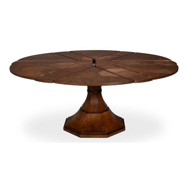 Art Deco Transitional Round Dining Table, Medium - Warm Brown Oak With Faceted Pedestal Base For Sale - Image 3 of 11