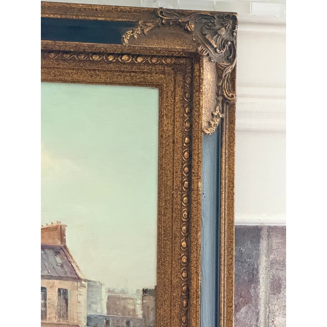 Paint Large Vintage Parisian Street Scene Oil Painting of Victorian Woman in Ornate Gilt Frame For Sale - Image 7 of 17
