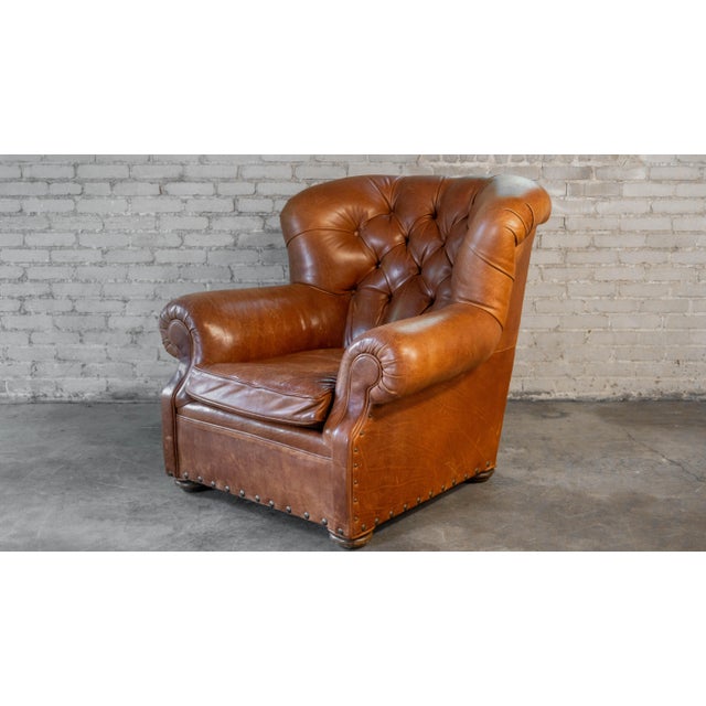 Restoration Hardware Churchill Cigar Leather Luxe Writer's Chair and Ottoman For Sale In Boston - Image 6 of 18