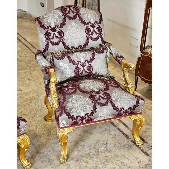 French-Style Damask Armchair – Burgundy & Cream Upholstery With Ornate Gold Leaf Frame For Sale - Image 4 of 4