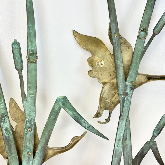 1970s Vintage Arts & Crafts Boho Chic Brass Ducks With Verdigris Bronze Cat Tails Wall Sculptural Object. For Sale - Image 10 of 10