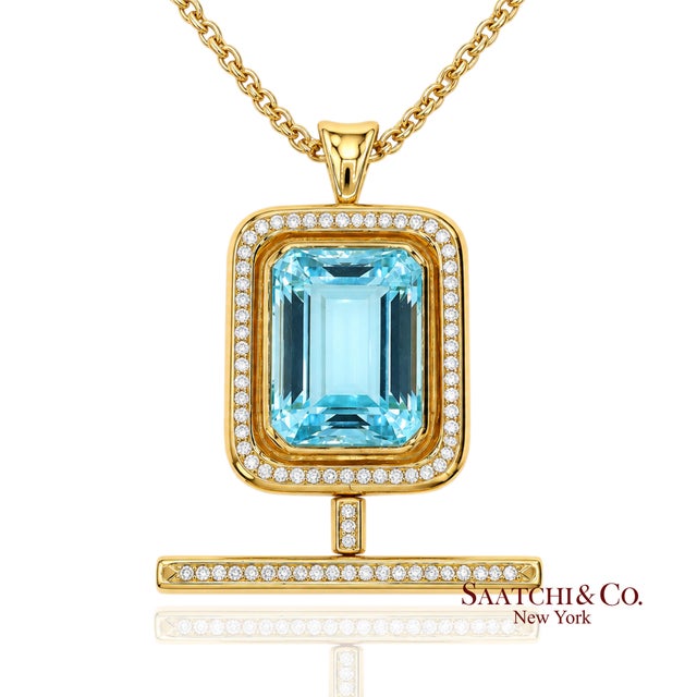 GIA 60 ct Aquamarine and 4 Ct Diamond 18K Yellow Gold Convertible Pendant Brooch Metal Type: 18k Solid Yellow Gold Total...