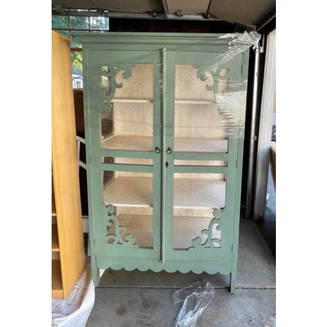 Antique Teal Painted Armoire With Chicken Wire, Scrollwork Cutouts & Scalloped Base For Sale - Image 4 of 5
