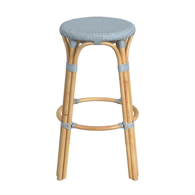 Spritely Home Accent Furniture Tobias 30 in. Seat Height Round Rattan Backless Bar Stool, Baby Blue/ Natural Rattan Frame For Sale - Image 4 of 8