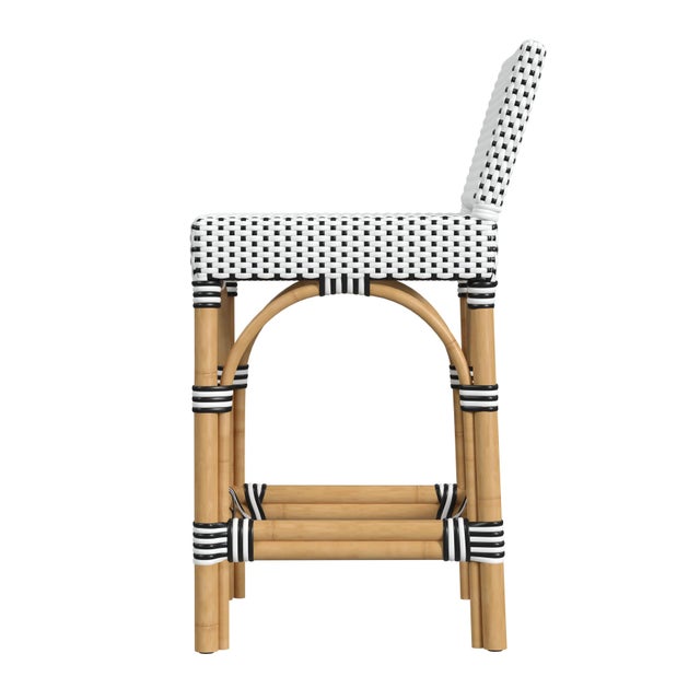 2020s Serienna 24.5 in. Seat Height Rectangular Rattan Low Back Counter Stool, White/Black Dot/ Natural Rattan Frame For Sale - Image 5 of 8