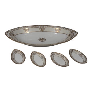 Antique Nippon Hand-Painted Porcelain Celery Bowl & Salt Cellars, Set of 5 – Morimura Brothers, C. 1910–1921 For Sale