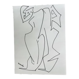 Post-Modern Figurative Drawing by Erik Sulander in Ink on Paper, Signed, Framed.