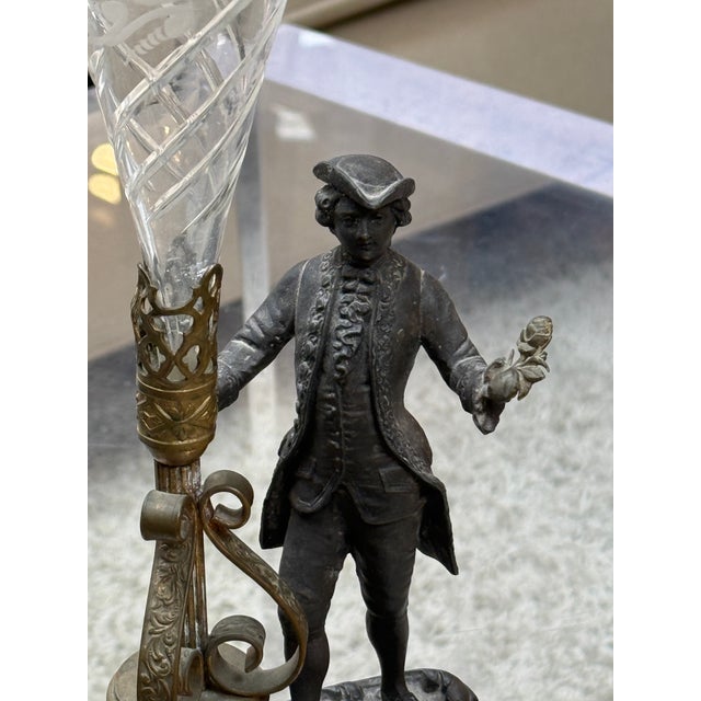 Rococo Revival Figural Spelter and Etched Glass Trumpet Vase, Antique For Sale - Image 10 of 16