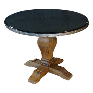 Late 20th Century Rustic Farmhouse Industrial Modern Acacia Metal & Glass Round Dining Table 42" For Sale