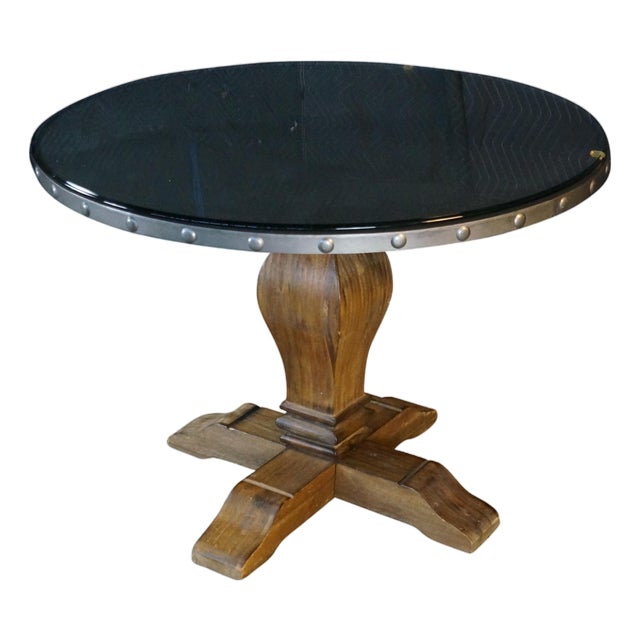 Late 20th Century Rustic Farmhouse Industrial Modern Acacia Metal & Glass Round Dining Table 42" For Sale