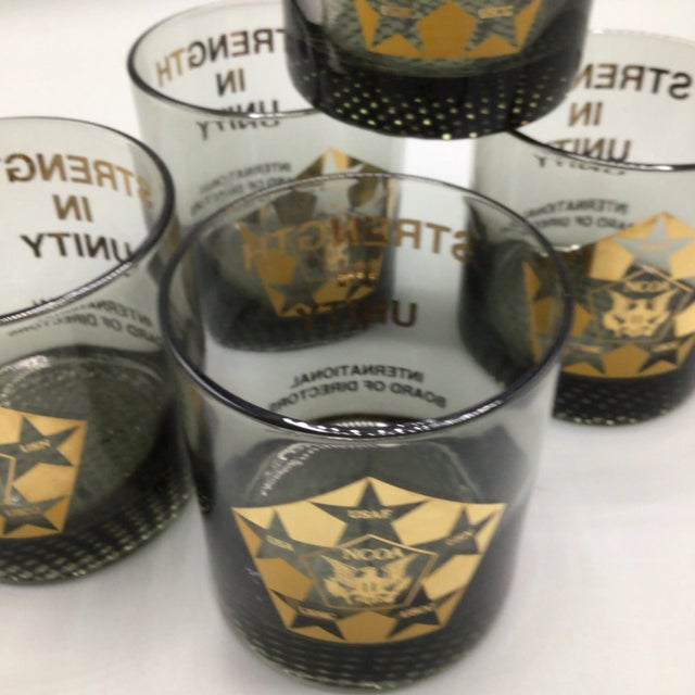 International Board of Directors N C O a Smoked Glass Lowball Glasses-Set of 5 For Sale In Sacramento - Image 6 of 12