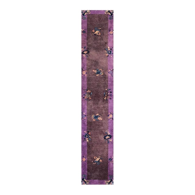 1920s Brown Traditional Motifs Geometric Antique Chinese Art Deco Runner Rug For Sale