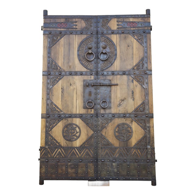 Antique Chinese Wood Doors With Geometric Iron Medallions For Sale