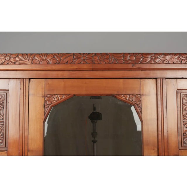 1920s 1920s Art Deco Carved Floral Armoire French Cherrywood With Mirror & Matching Marble-Topped Nightstand - Set of 2 For Sale - Image 5 of 9