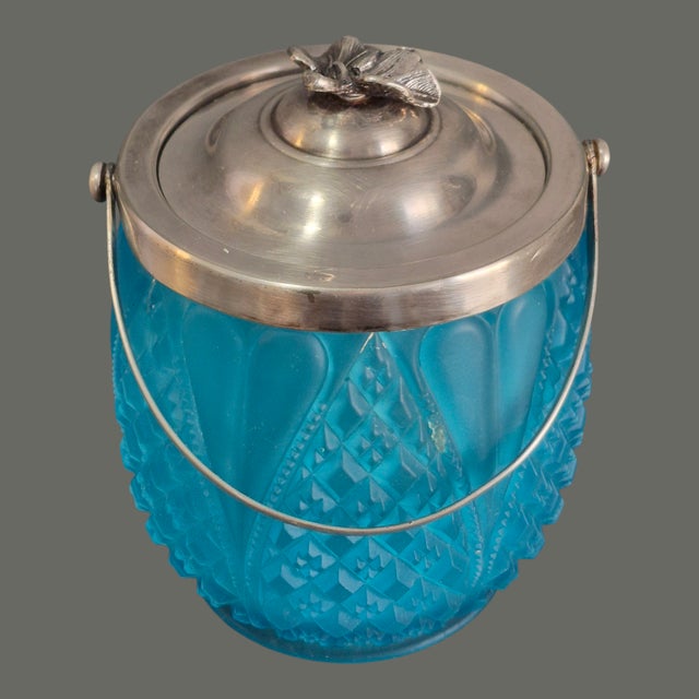 Mid 20th Century Antique Victorian Blue Frosted Satin Glass Silver Plated Lid Handle Biscuit Jar For Sale - Image 5 of 11
