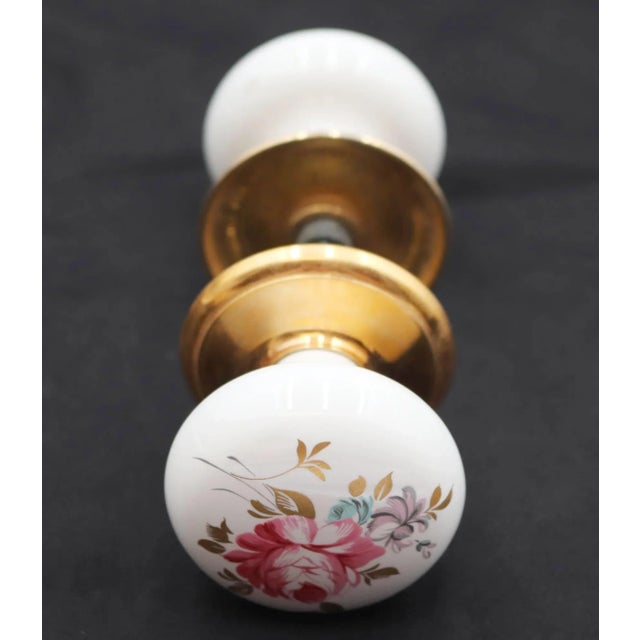 Metal Vintage Colorful Floral Porcelain & Brass Passage Door Knob Set For Sale - Image 7 of 8