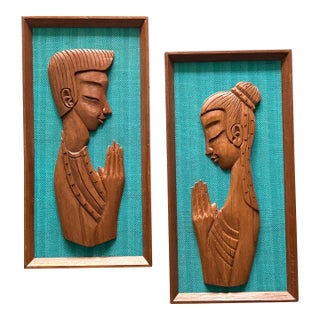 Pair of Mid Century Teak Carvings, Framed, 1960s For Sale