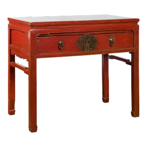 Chinese Red Lacquer Early 20th Century Two Drawer Desk with Brass Hardware