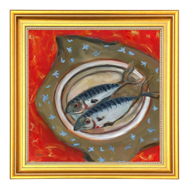 Mid-Century Modern "Two Fish" Vintage Style Still Life Oil Painting by Alexandra Swistak, Framed For Sale