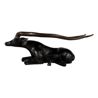Sculptural Bronze Antelope Coffee Table With Glass Top, 55” L For Sale