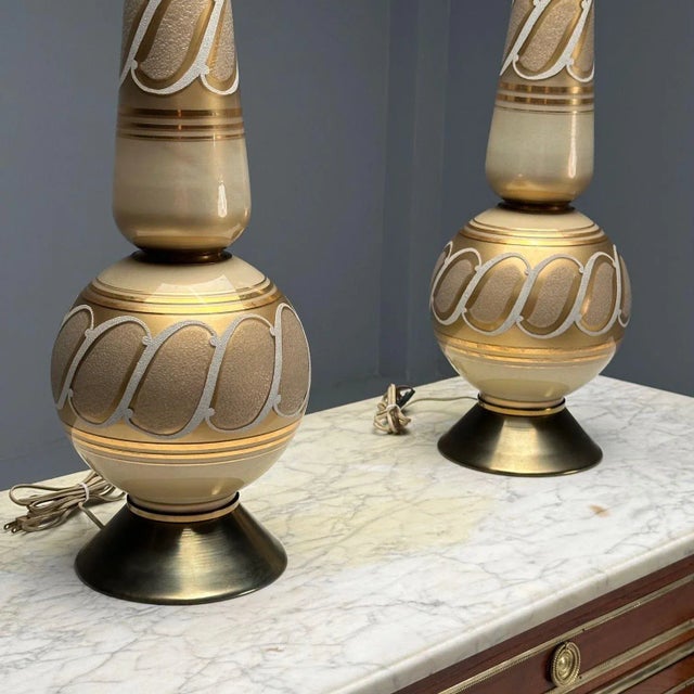 Italian Mid-Century Modern, Large Table Lamps, Gold Glass, Brass, Italy, 1960s For Sale - Image 9 of 11