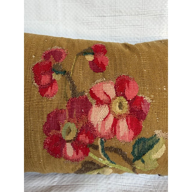 19th Century 1850s Antique Aubusson Floral Lumbar Pillow in Olive Gold Design For Sale - Image 5 of 7