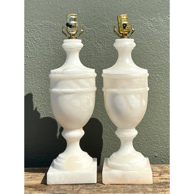 Mid-Century Modern Vintage Carved Alabaster Lamps - A Pair For Sale - Image 3 of 12