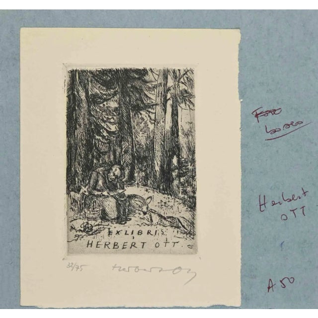 Ex-Libris - Herbert Ott is an Artwork realized in 1970 s., by the German Artist Herbert Ott. Etching print on ivory paper....