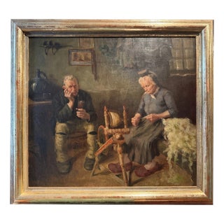 Karl Bauer, Pipe and Spinning Wheel, Oil Painting on Canvas For Sale