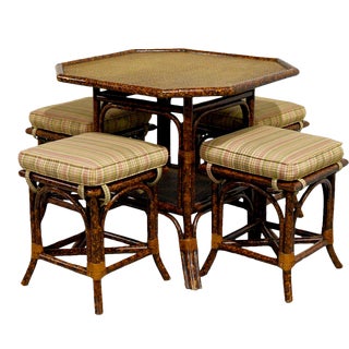 Vintage Faux Tortoise Shell Rattan Table and Four Stools - 5 Pieces For Sale