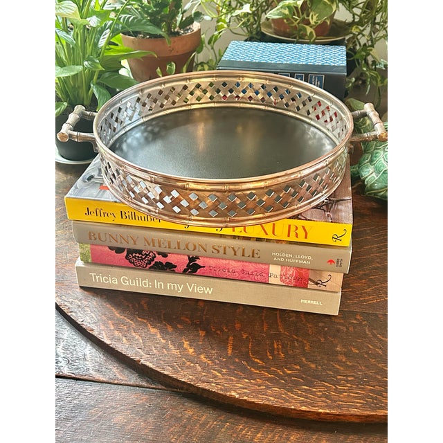 Chinoiserie Vintage Silver-Plated Over Copper Chinoiserie Faux Bamboo Woven Gallery Tray For Sale - Image 3 of 10