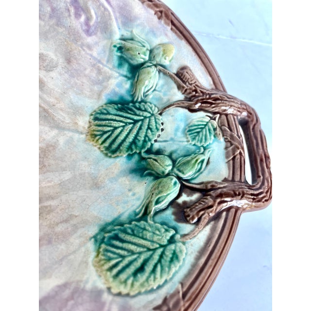 Early 20th Century Antique French Majolica Hand Painted Double Handle Plate For Sale - Image 5 of 12