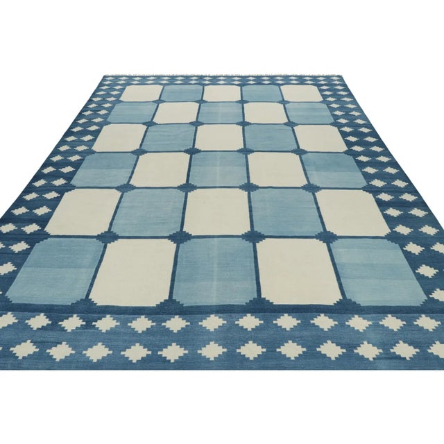 Rug & Kilim’s Contemporary Dhurrie Rug in Blue & White Geometric Square Patterns For Sale In New York - Image 6 of 7