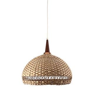 Vintage Pendant Lamp with Rattan Shade and Teak Applications, 1960s For Sale