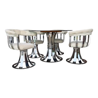 Vintage Russell Woodard Style Chrome Swivel Dining Set With Smoked Glass Top For Sale