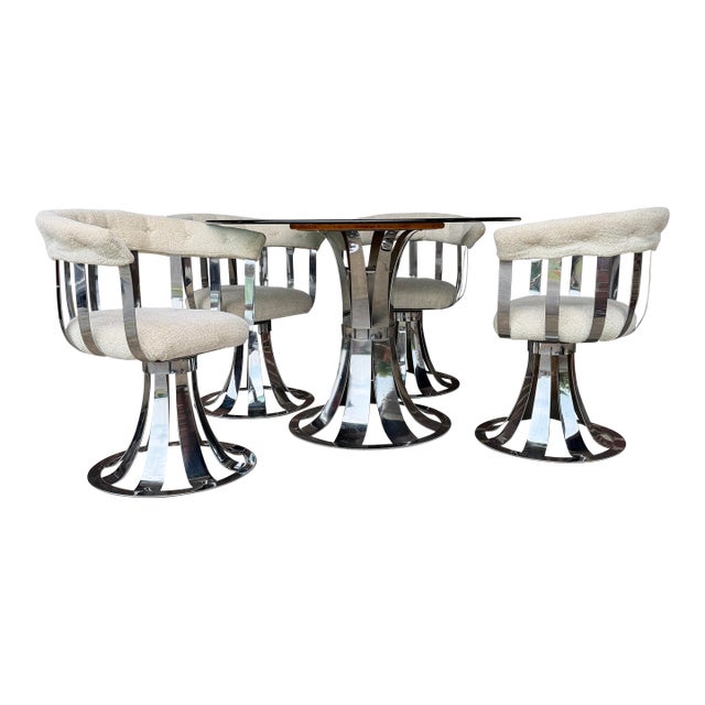 Vintage Russell Woodard Style Chrome Swivel Dining Set With Smoked Glass Top For Sale