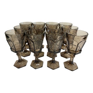 Vintage Fostoria Smoke Glass Goblets, Octagonal Paneled Design - Set of 12 For Sale