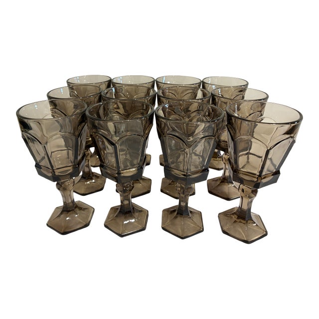 Vintage Fostoria Smoke Glass Goblets, Octagonal Paneled Design - Set of 12 For Sale