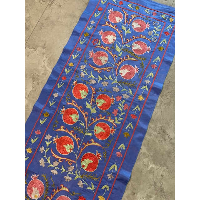 Blue Silk Suzani Table Runner With Pomegranate Vine For Sale - Image 4 of 10