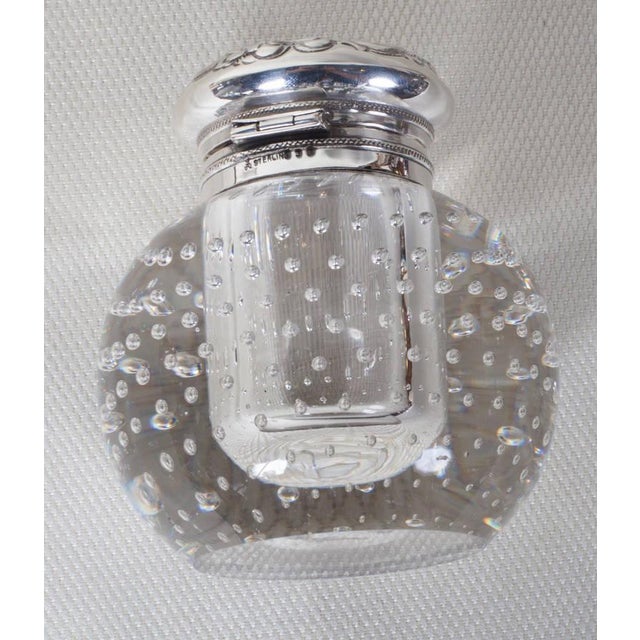 Mid 19th Century Pairpoint Crystal Inkwell With Bubble Motif and Sterling Silver Hinged Cover For Sale - Image 5 of 8