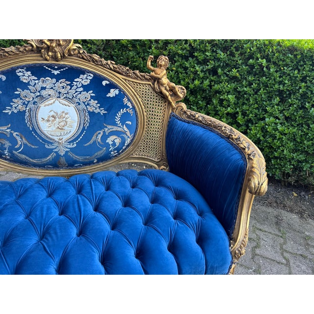 1940 French Louis XVI Gold Beech Blue Velvet Settee For Sale - Image 14 of 18