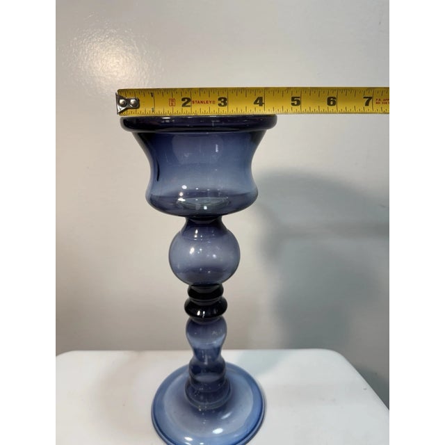 Vintage Blue Glass Pedestal Candle Holder | MCM Art Glass Compote Decor For Sale - Image 13 of 13