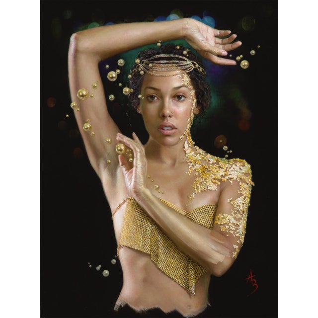 Transcendent by Alexandra Manukyan | Oil on Belgian Linen Portrait of a woman with gold accents For Sale