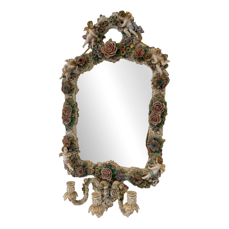 German Mirror with Candlesticks in Polychrome Porcelain | Chairish