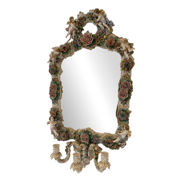 German Mirror with Candlesticks in Polychrome Porcelain For Sale