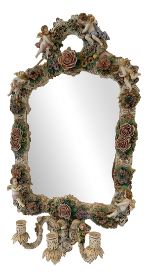 German Mirror with Candlesticks in Polychrome Porcelain