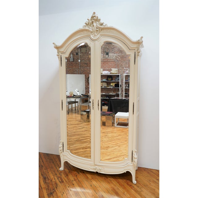 Vintage French Style White Cabinet With Carved Wood Detail And