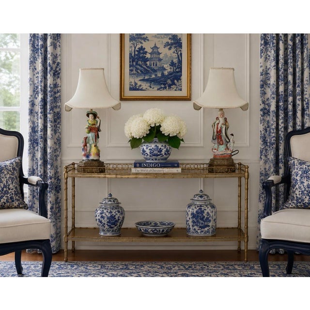 Chinoiserie 1940s Chinoiserie Famille Rose Figural Lamps God & Goddess of Longevity With Pagoda Shades - a Pair For Sale - Image 3 of 13