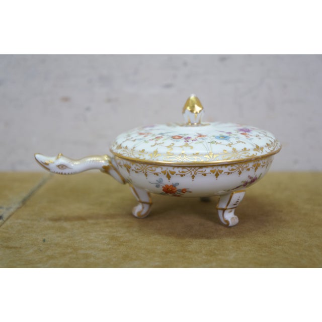 Ceramic Antique Dresden Covered Footed Turtle Soup Bowl Compote 5" For Sale - Image 7 of 17